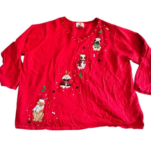 Ladies Christmas Sweater Puppies Dog Pug Golden Poodle Quaker Factory 3X Red - Picture 1 of 14
